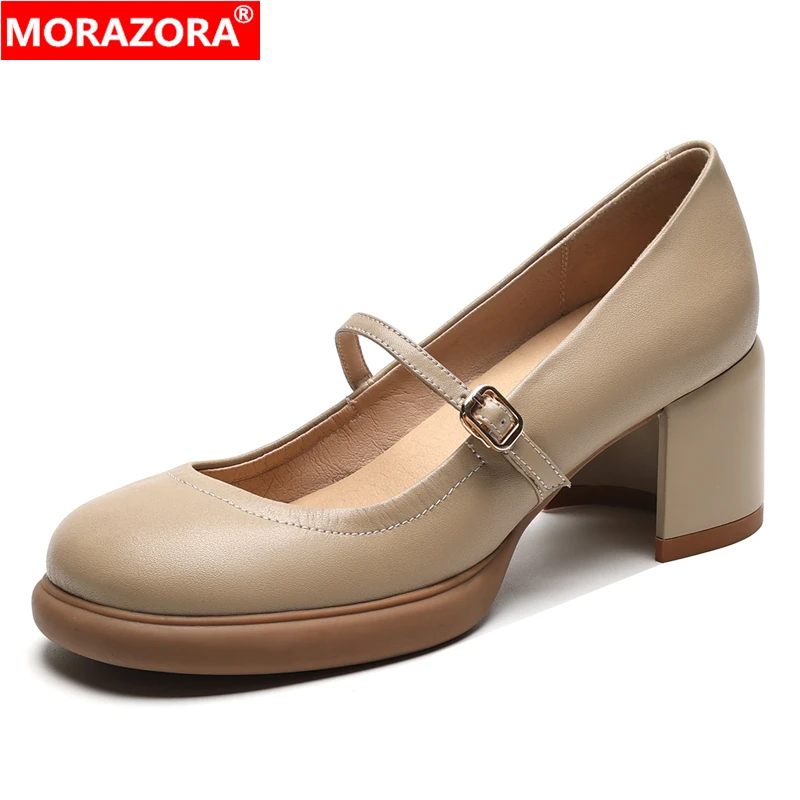 

MORAZORA 2023 New Size 33-42 Genuine Leather Shoes Round Toe Mary Janes Chunky High Heels Round Toe Party Office Wark Shoes