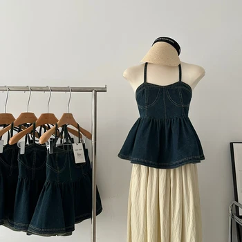 Summer Women Vintage Korean Fashion Denim Camisole Halter Backless Crop Tops Design Streetwear 2000s Aesthetic Coquette Hot Sexy