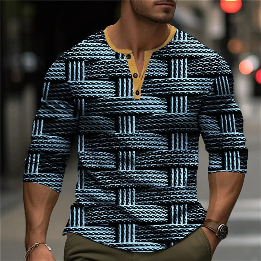 

Vintage Men's T Shirts 3D Patchwork Print Casual Long Sleeve Henley Shirt Oversized Tops Autumn Streetwear Male Tshirts Pullover