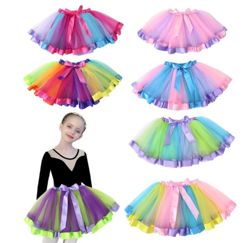 

Kids Girl Colorful Tulle Tutu Skirt Elastic Highs Waist Pleated Mesh Mini Skirt Rainbow Bowknot Skirt Layering Cosplay Petticoat