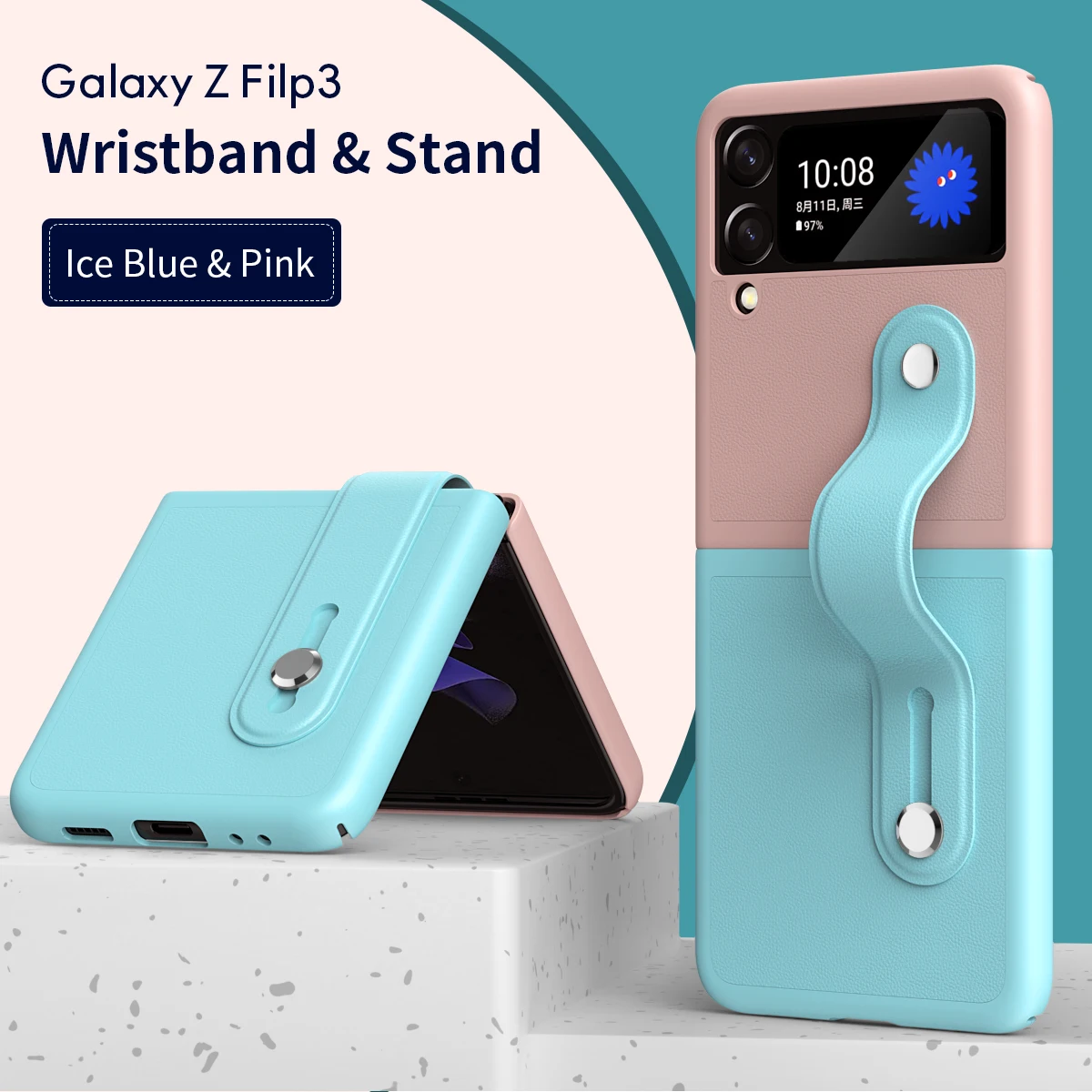 

Newest Style Wristband Leather Phone Case For Samsung Galaxy Z Flip 4 3 Contrasting Color Kickstand bracket Cover Flip3 5G Funda