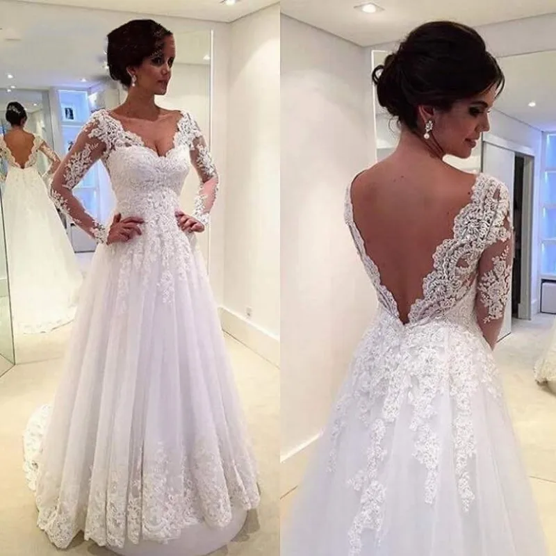 Vestido De Noiva Elegant Bridal Gown A-Line Sexy V Neck Lace Appliques Long Sleeves Backless Plus Size Wedding Dresses
Vestido De Noiva Elegant Bridal Gown A-Line Sexy V Neck Lace Appliques Long Sleeves Backless Plus Size Wedding Dresses