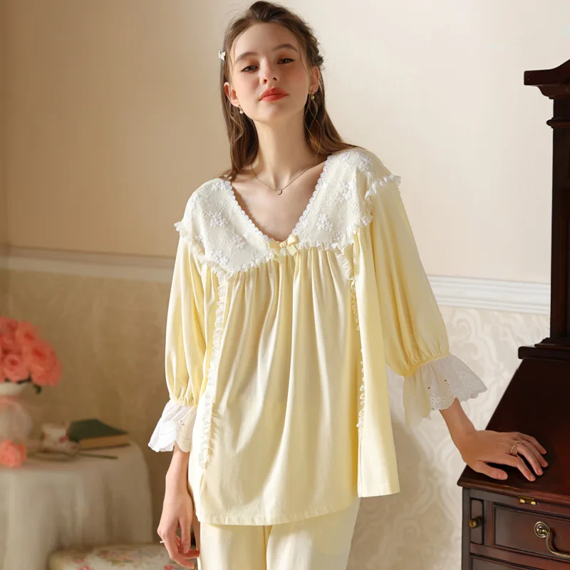 

Loose Tops Pants Loungewear Sweet Cotton Pajama Sets Sexy Princess Sleepwear Nightwear Women Fairy Lace Pajamas