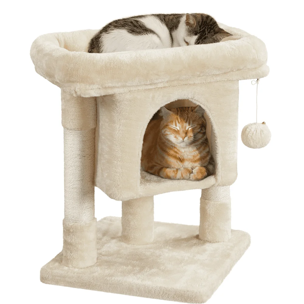 

23.5''H 2-Level Cat Tree Kitten Condo House with Plush Perch, Beige cat house scratcher