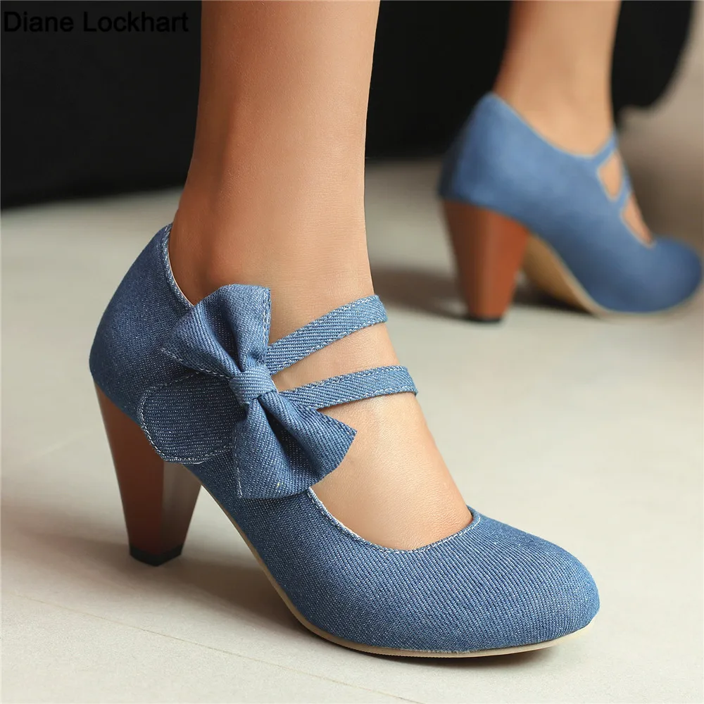 

Женские джинсовые туфли на высоком каблуке, туфли-лодочки с ремешком на щиколотке, свадебные туфли для косплея, черные, синие туфли принцессы в стиле "Лолита", размеры 31-46, для весны