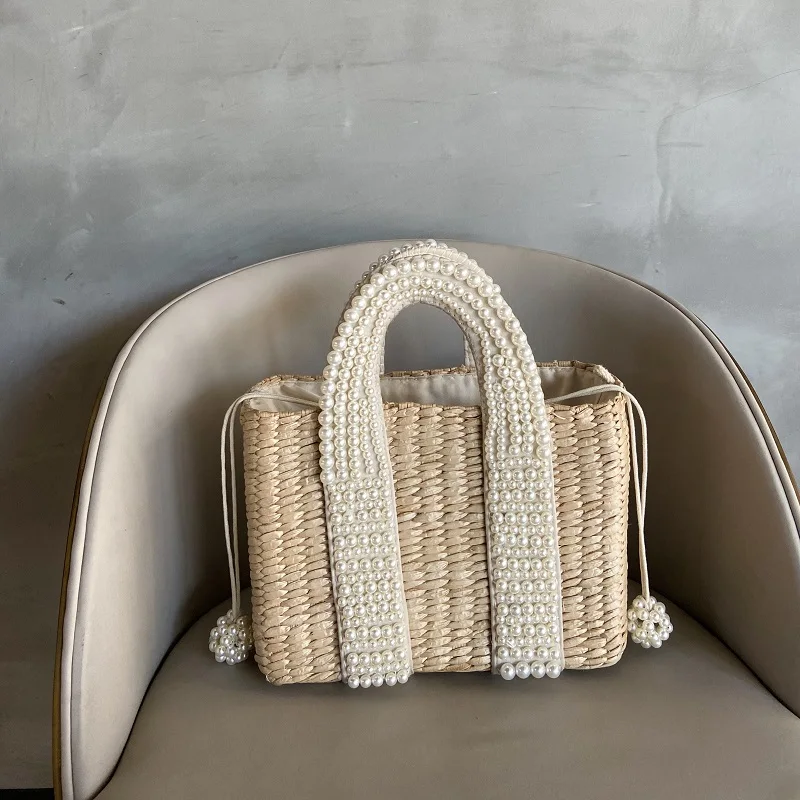 Pearl Beaded Wicker Tote - Luxury Beach Basket 10 S29661693263f4eeda6a1e625b7a81637h