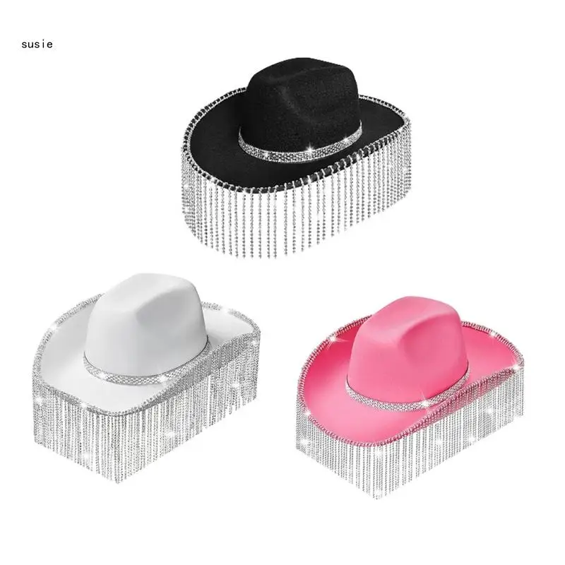 X7YA Rhinestones Cowgirl Hat Giltter Fringe Hats for Halloween Womens Wide Brim Hat
X7YA Rhinestones Cowgirl Hat Giltter Fringe Hats for Halloween Womens Wide Brim Hat