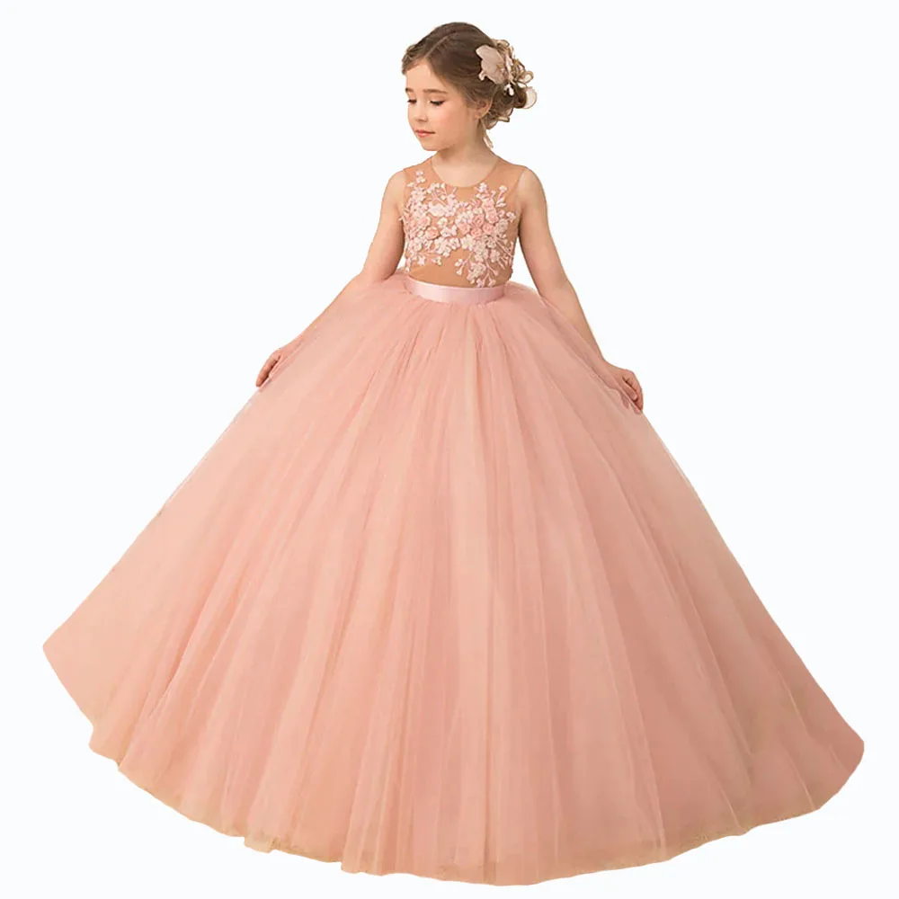 

Elegant Tulle Flower Girl Dresses Wedding Jewel Neck Sleeveless Appliques Pageant First Communion Dress Kids Girls 2-14 Years