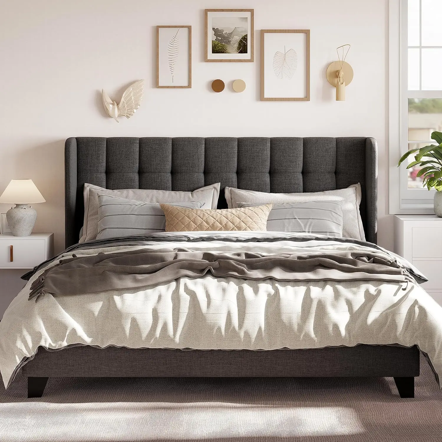 Platform Bed Frame with Wingback,Fabric Upholstered Square Stitched Headboard & Wooden Slats,Mattress Foundation,Dark Grey,King
Platform Bed Frame with Wingback,Fabric Upholstered Square Stitched Headboard & Wooden Slats,Mattress Foundation,Dark Grey,King