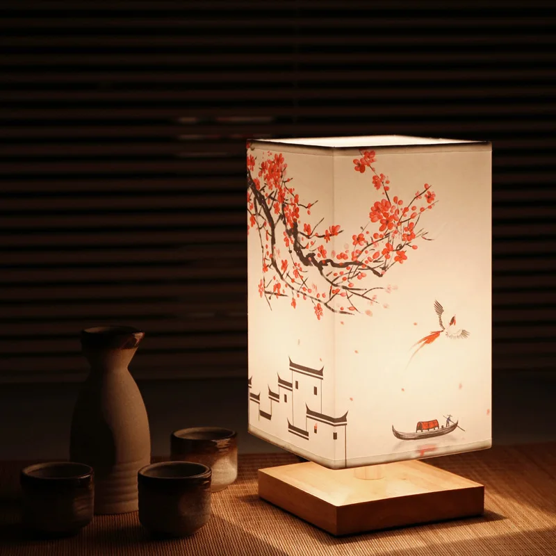 

Квадратные декоративные настольные лампы, простые приглушаемые ночники в китайском стиле с европейской вилкой, тканевые прикроватные светильники для спальни