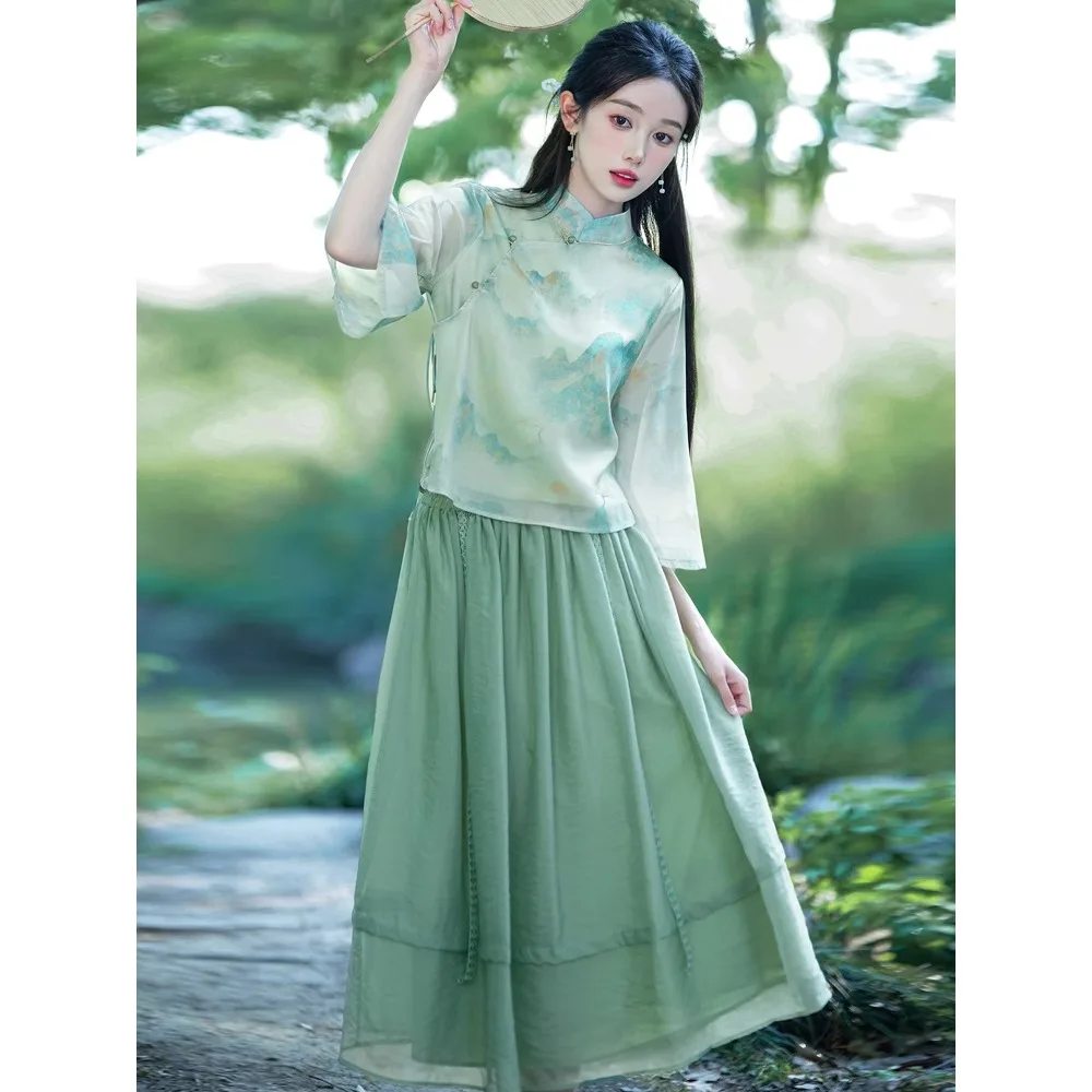 

Green Hanfu Set Female Summer Chinese Style Tea Art Clothing Zen Women's Dress Improved Cheongsam Two-piece Dress Tang Suit Set