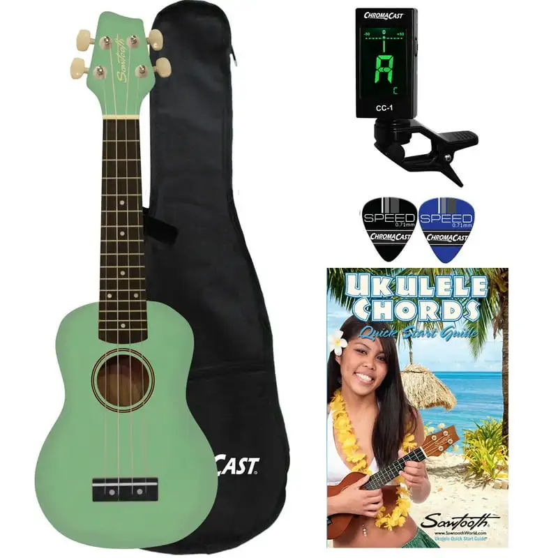 

Soprano Surf Green Ukulele with Case, Clip on Tuner, Lesson-Chord Guide, and Picks