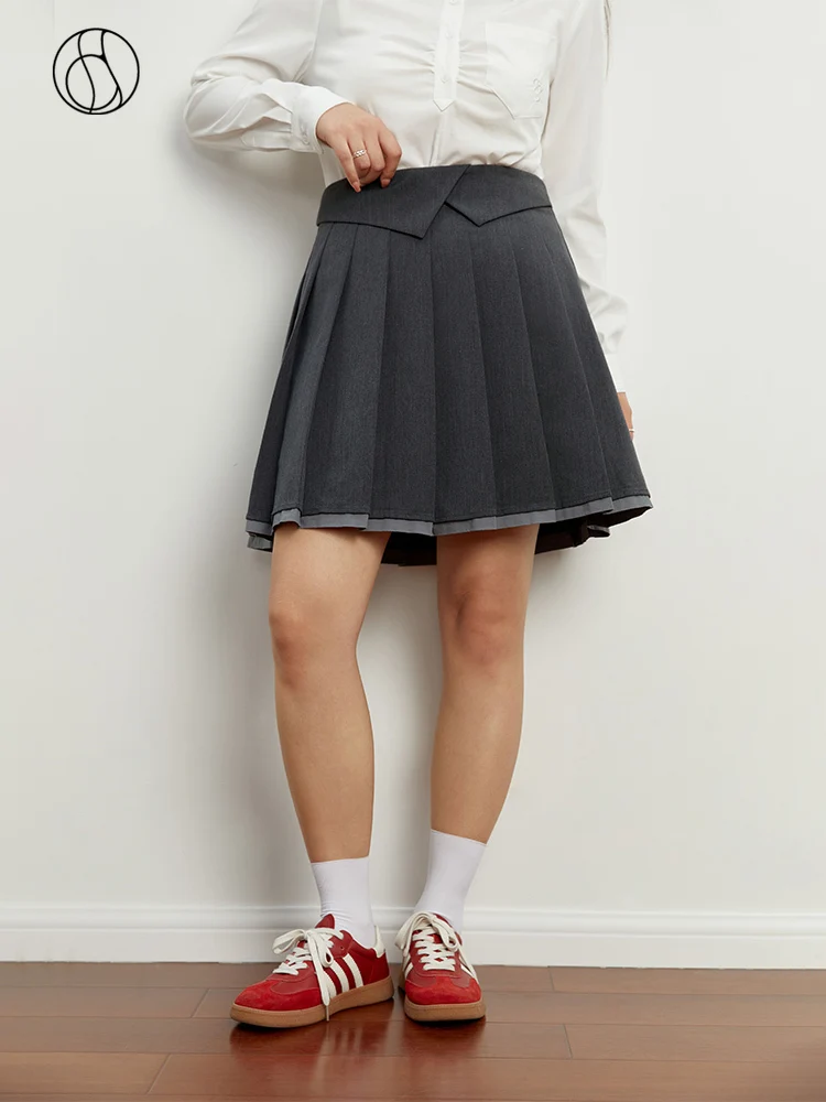 

DUSHU All-match College Literary Style Grey Pleated Skirt for Women Autumn Chic Sense Splicing Design High Waist Skirt Female