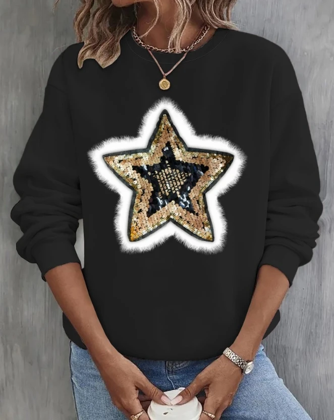 

Women's Pullover Top 2023 New Autumn Sequin Star Pattern Fuzzy Detail Sweatshirt Round Neck Long Sleeved Casual Jumpers Top