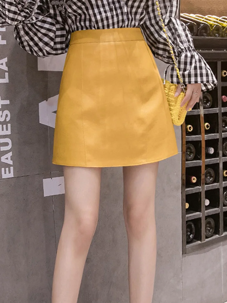 

Miniskirt Solid Color Elastic Women Pencil Skirt Leather Clubwear Fashion Short Wholesale Spring Casual Black Yellow Punk Girls