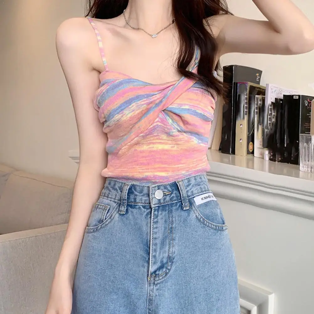 

French Color Striped Small Suspender Camisole Hot Girls Street Slim Fit Short Sexy Sling Vest Female Bottoming Tanks Tops