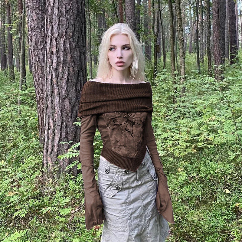 American Retro Knit Patchwork One Shoulder T-shirt with Flared Sleeves, Slim Fit, Irregular Waist Top
American Retro Knit Patchwork One Shoulder T-shirt with Flared Sleeves, Slim Fit, Irregular Waist Top