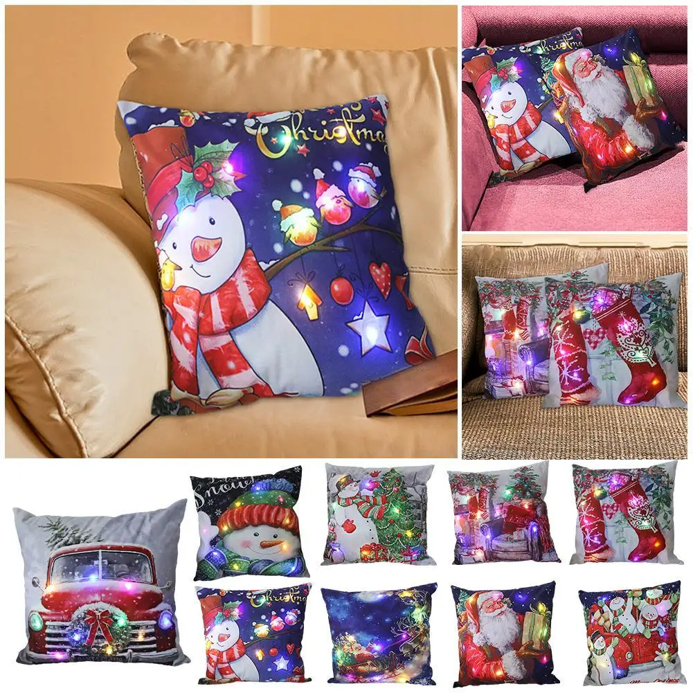 

LED Light Christmas Pillow Cushions Cover Santa Elk Snowflake Xmas Lantern Christmas Glow Pillowcase Winter Holiday Decoration