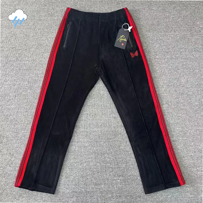 

All Seasons Casual Stripes Needles AWGE Track Sweatpants Men Women Jogger Velvet Needles Pants Butterfly Embroidery Trousers