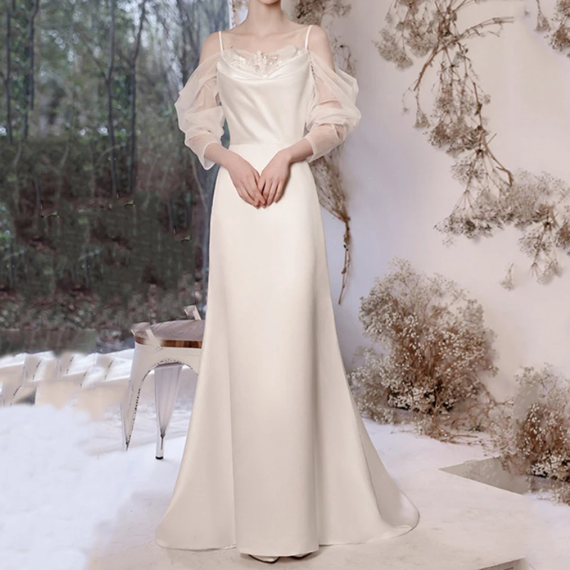 Sexy Spaghettic Straps Off The Shoulder Spliced Long Sleeve Evening Dress Front Draped Appliques Slim Vestidos Simple Solid Gown
Sexy Spaghettic Straps Off The Shoulder Spliced Long Sleeve Evening Dress Front Draped Appliques Slim Vestidos Simple Solid Gown