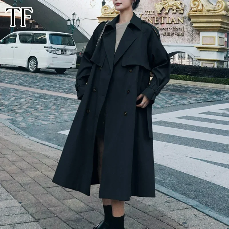 

Autumn Trench Coat Single Breasted Long Khaki Trench Coat for Women Casual Loose Jackets Classic Lapel Overcoat Belt Streetwear