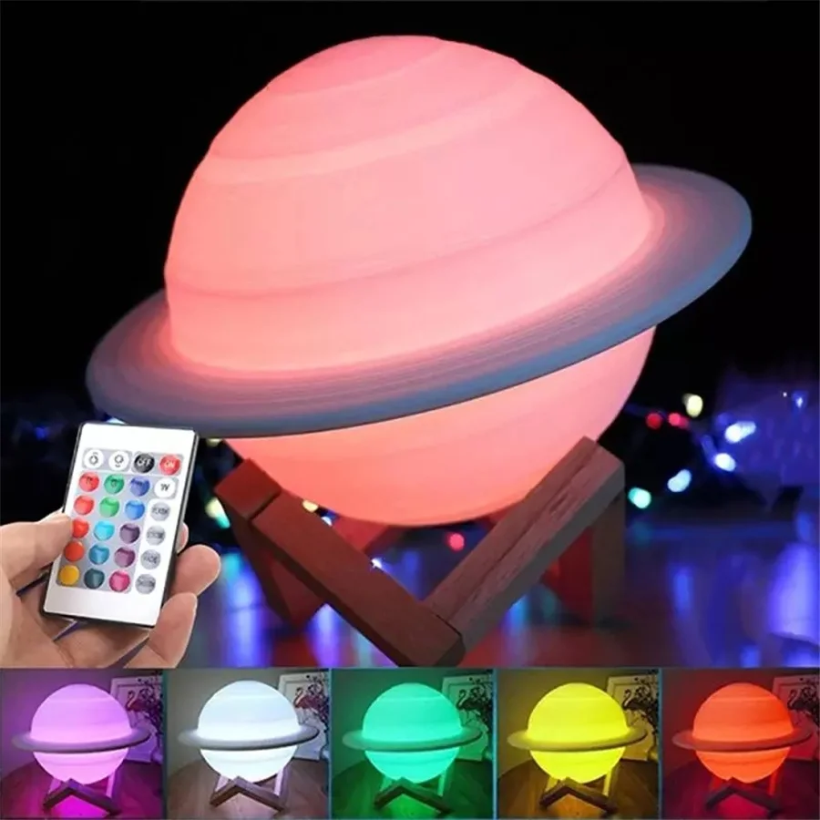 

New 3D Printing Saturn Lamp Remote 16 Colors Change Touch Rechargeable Led Night Light 3 Color Planet Moon Lamp Home Decor Gift