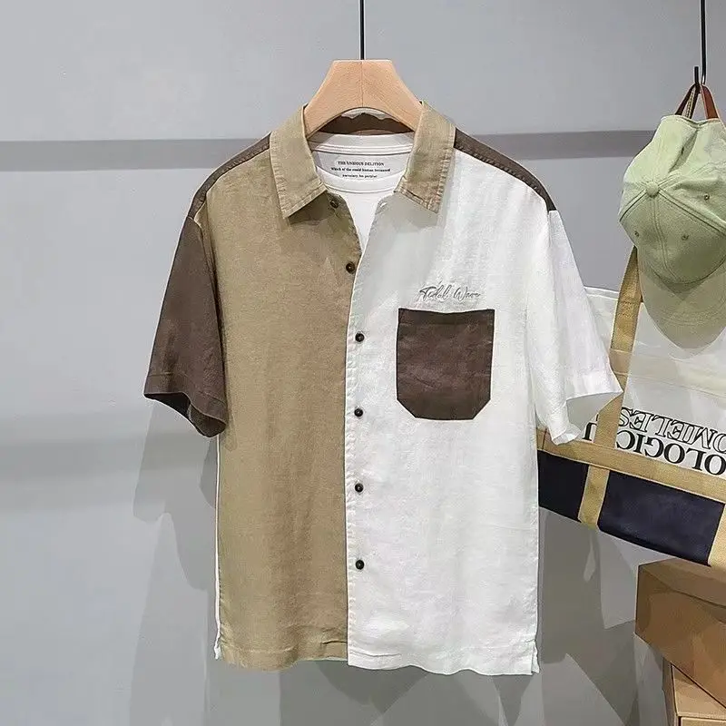 

2024 Summer New Men's Colored Linen Button Shirt Loose Large Casual Patchwork Top Japanese Thin Trendy Short Sleeved Shirt