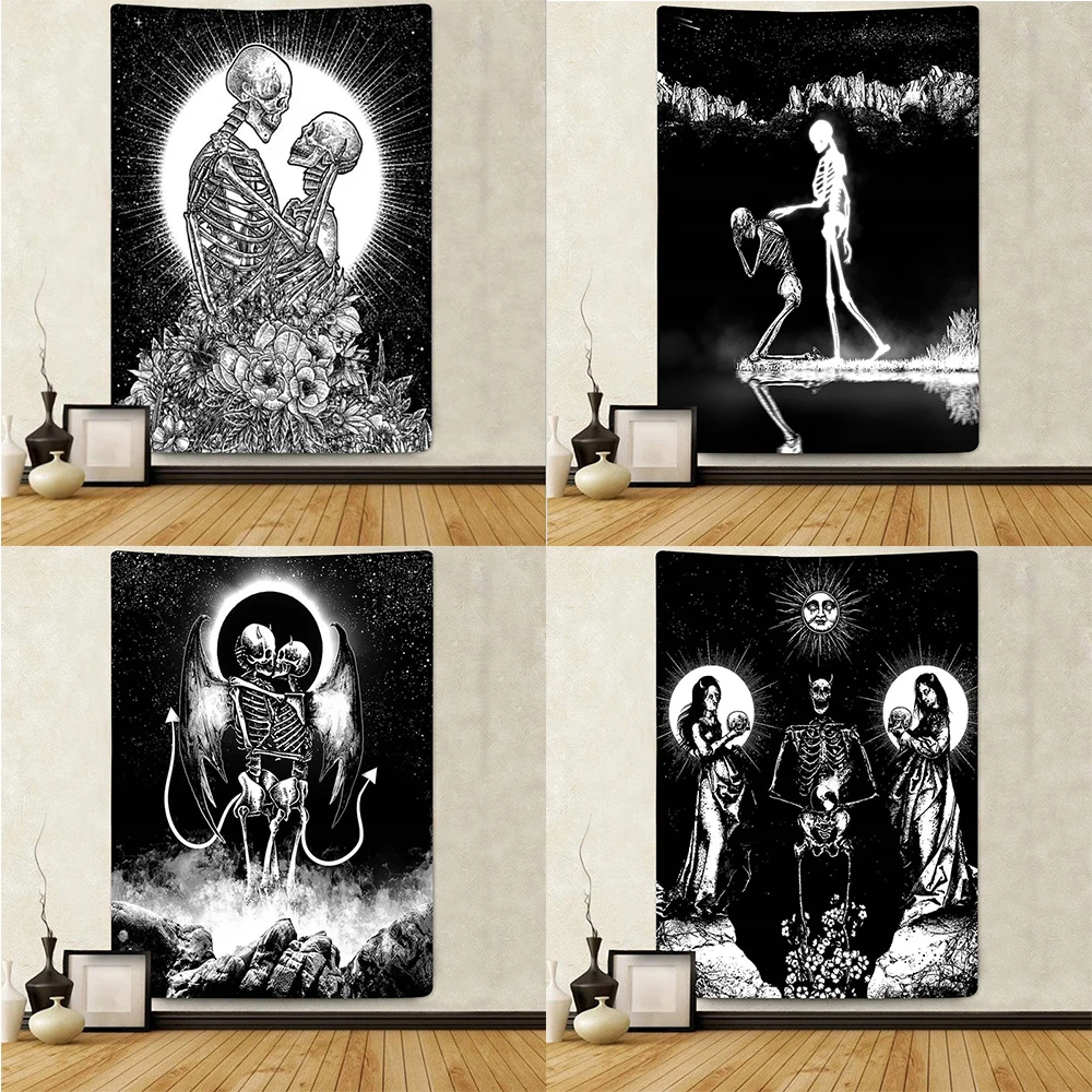 

Skull Floral Tapestry Psychedelic Room Dorm Decor Black Esoteric Print Hippie Boho Wall Mandala Artist
