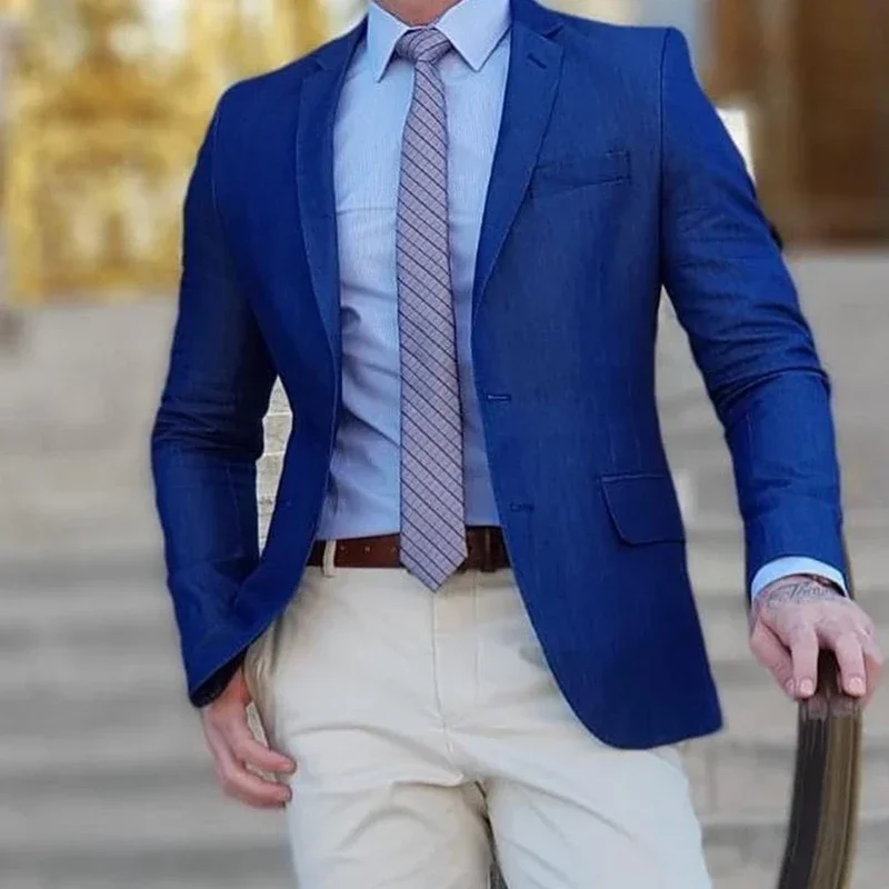 

Royal Blue Summer Linen Fashion Men Suits Jacket Casual Slim Fit Blazers Hombre Notch Lapel High Quality Custom Costume Homme