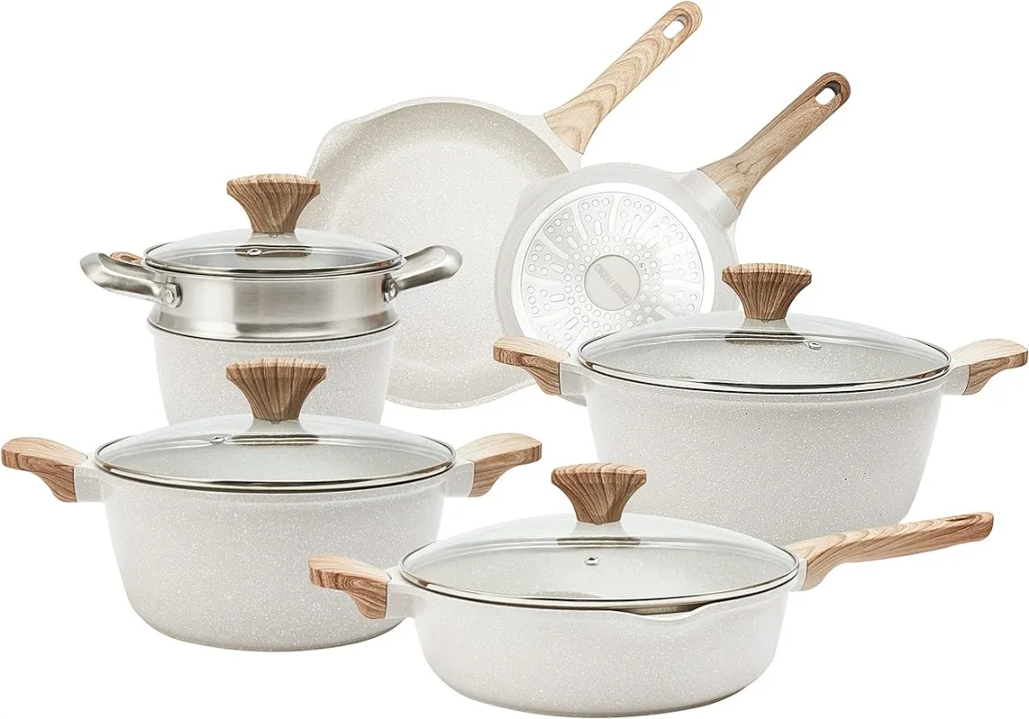 

Country Kitchen Nonstick Induction Cookware Sets,11 Piece Cast Aluminum Pots and Pans with BAKELITE Handles and Glass Lids,Cream