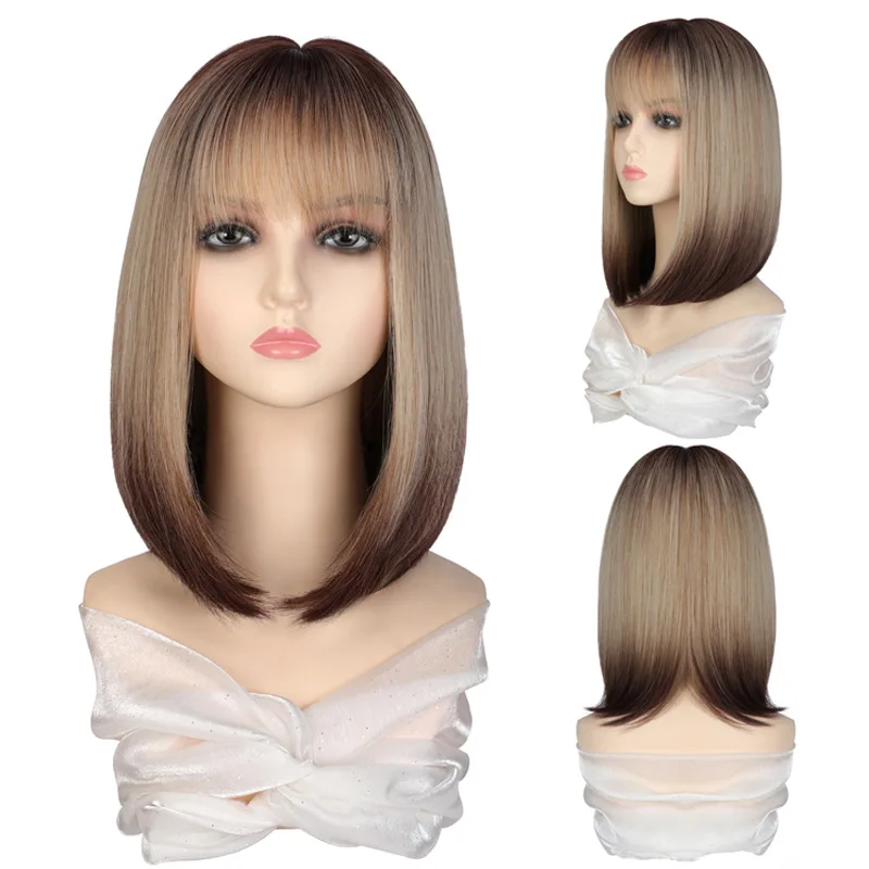 

35CM Air Bang Bob Wig Color Mixed Female Party Cosplay Costume Wigs Hair Heat Resitant Synthetic Fiber Peluca