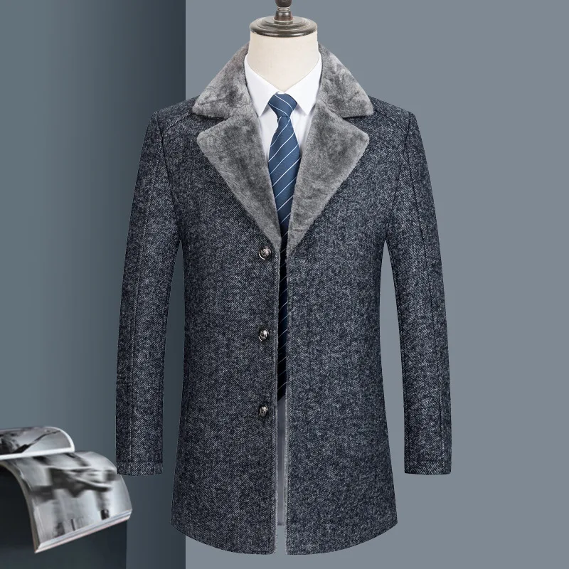 

Luxury Herringbone Tweed Mens Wool Jacket 2023 Winter Brand Fake Fur Collar Thicken Windbreaker Gray Coffee Slim Fit Trench Coat