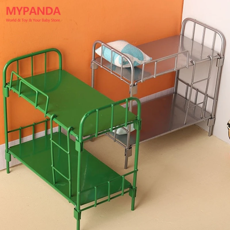 

1Pc 1:12 Dollhouse Miniature Iron Bed Dormitory Bunk Bed Mini Alloy Double Layer Bed Model Furniture Bedroom Decor Toys