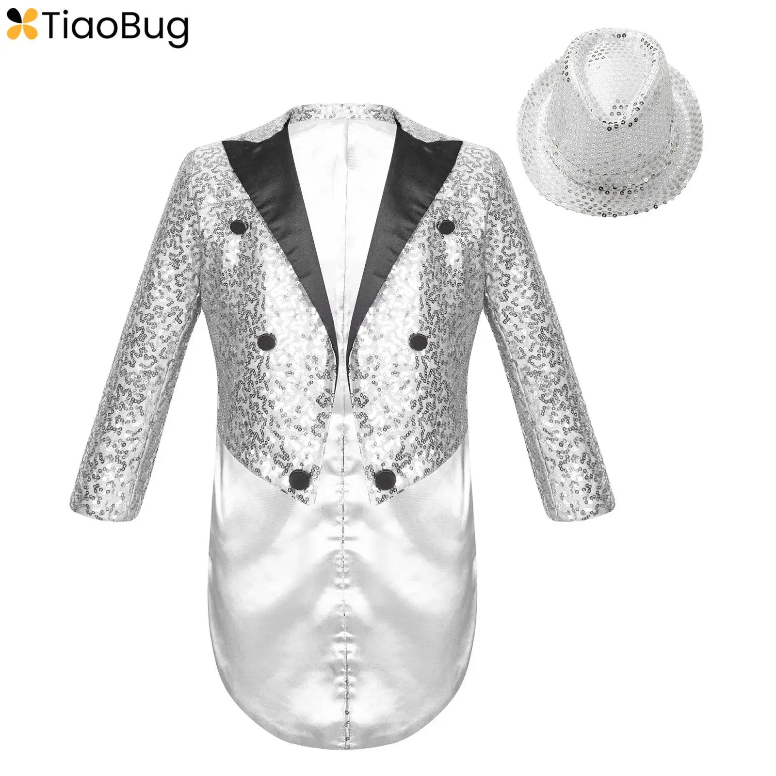 

Kids Boys Magic Show Sequins Tailcoat Costume Jazz Dance Performance Satin Lapel Long Sleeve Blazer Jacket with Sequined Hat Set