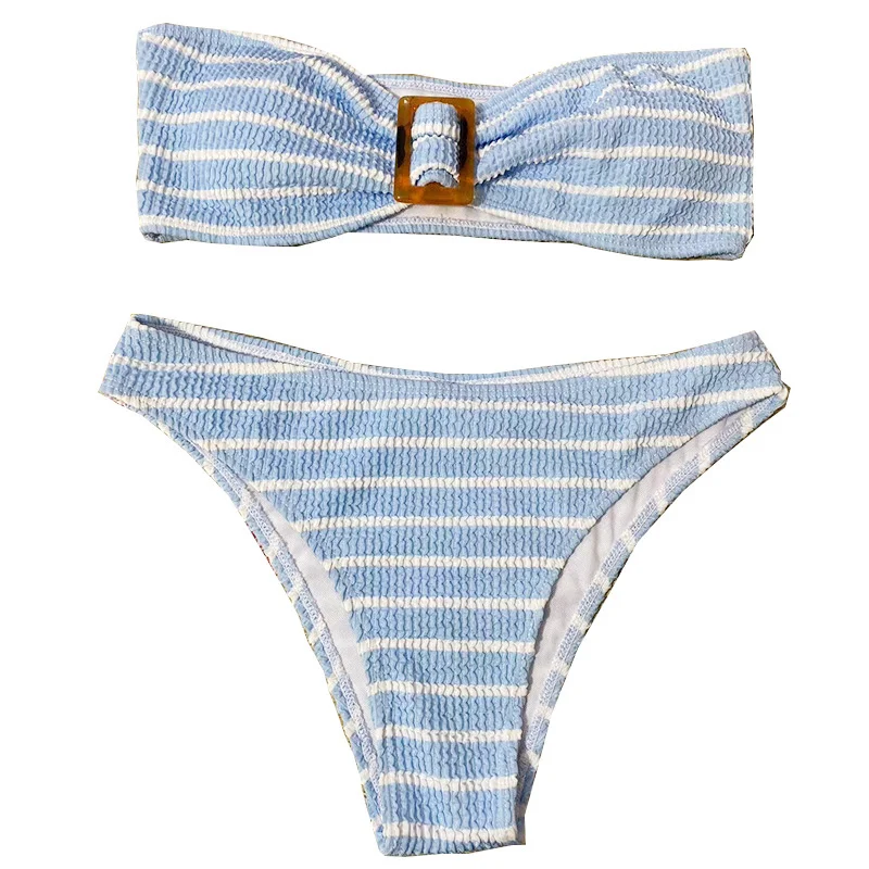 

Swimsuit Textured Two Pieces Bikini Bandeau Women Strapless Swimsuit Female Stripe Swimwear Brazilian Biquini Beach Bathing Suit