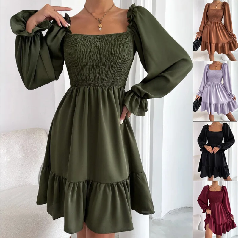 

Women Solid Color Dress Square Neck Skirt Puff Sleeve Fold Design Dress Casual Street Elegant Skirt Women Ruffled Hem Dress