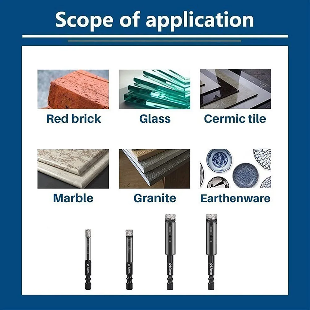4pcs 6-12mm Hex Handle Diamond Drill Bits Hole Saw Cutter Dry Ceramic Tile Drill Bit For Marble Tile Glass Hole Opener
4pcs 6-12mm Hex Handle Diamond Drill Bits Hole Saw Cutter Dry Ceramic Tile Drill Bit For Marble Tile Glass Hole Opener