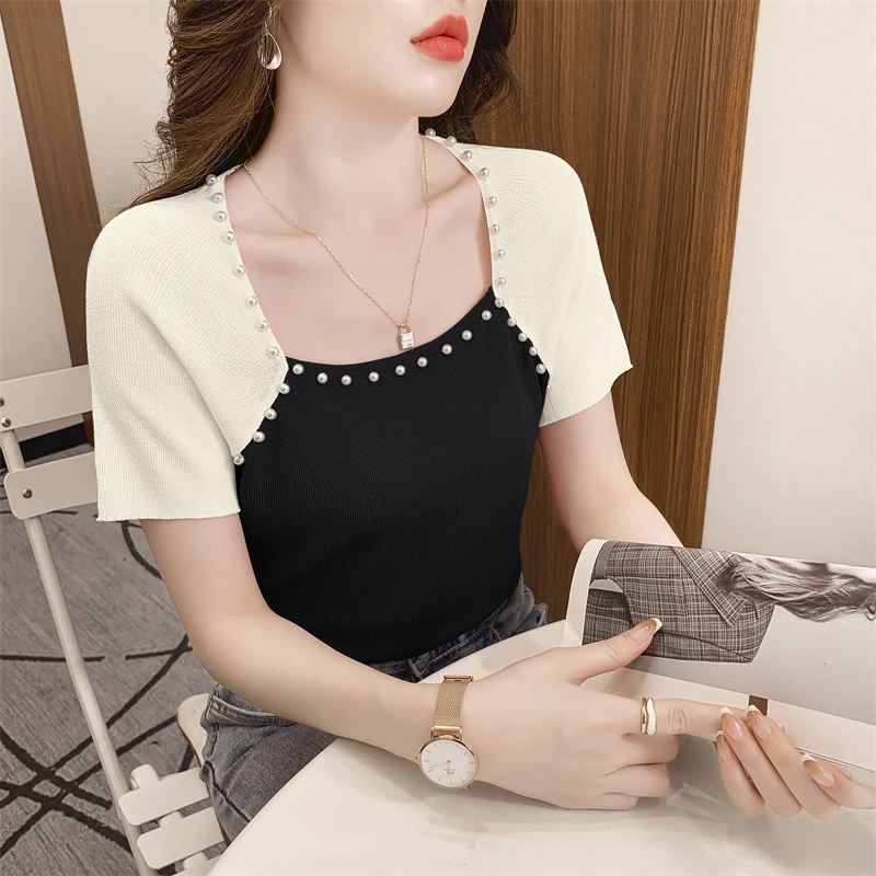 2023 Summer Tops New Contrast Color Beaded Women Shirt Slim Fit Short Sleeve Square Neck Knitted T-shirt
2023 Summer Tops New Contrast Color Beaded Women Shirt Slim Fit Short Sleeve Square Neck Knitted T-shirt