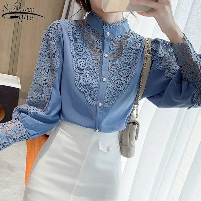 

New Crochet Hollow Lace Stitching 2023 Korean Style Blouse Women Sexy Puff Sleeve Stand-up Collar Bottoming Thin Shirt 12731