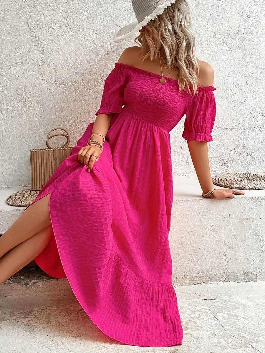 Summer 2024 Solid Color Pleated Beach Resort New One Line Neck Slim Fit Fashionable Elegant Dress for Women
Summer 2024 Solid Color Pleated Beach Resort New One Line Neck Slim Fit Fashionable Elegant Dress for Women