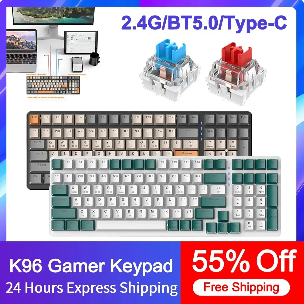 Игровая механическая клавиатура K96 100 клавиши 2,4G/BT5.0, с красным/зеленым переключателем, клавиатура Hotswap с RGB подсветкой, 2000 мАч, с несколькими фотоэффектами
Игровая механическая клавиатура K96 100 клавиши 2,4G/BT5.0, с красным/зеленым переключателем, клавиатура Hotswap с RGB подсветкой, 2000 мАч, с несколькими фотоэффектами