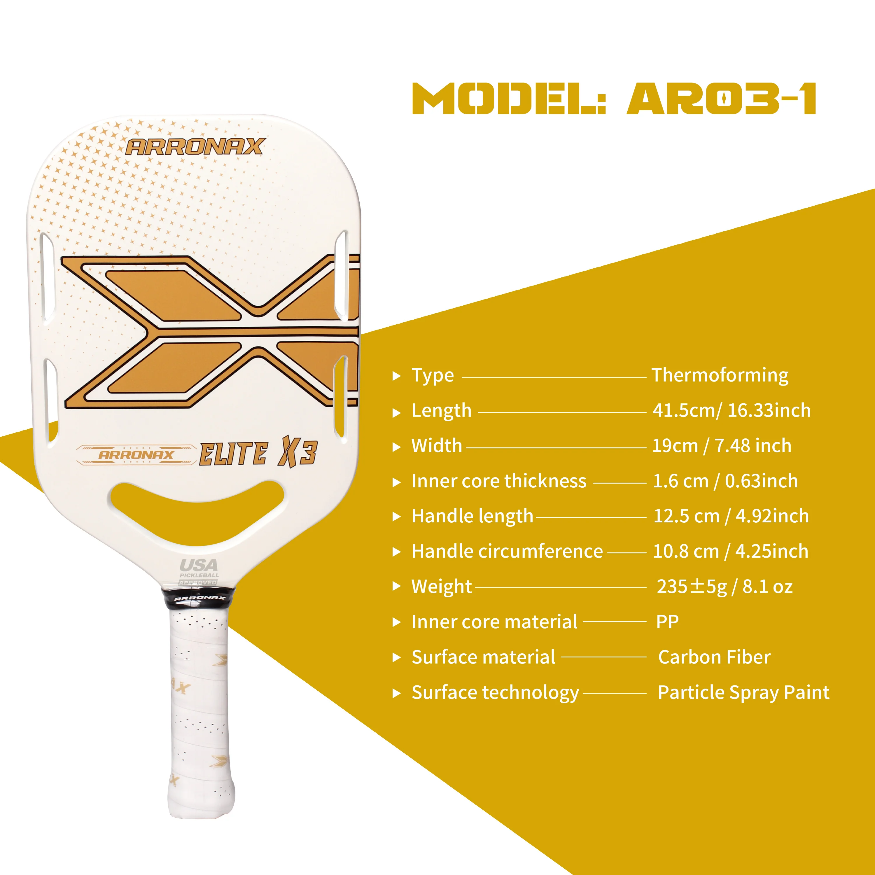 ARRONAX USAPA Approved Thermoformed Carbon Fiber 16mm Pickleball Paddle Spin Textured Surface With Foam Edge Extended Grip
ARRONAX USAPA Approved Thermoformed Carbon Fiber 16mm Pickleball Paddle Spin Textured Surface With Foam Edge Extended Grip