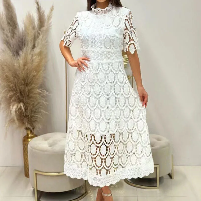 Sexy Embroidery Hollow Lace Jacquard Dress Women Spring Stand Collar Crochet Long Dress Summer Short Sleeve A-Line Party Dresses
Sexy Embroidery Hollow Lace Jacquard Dress Women Spring Stand Collar Crochet Long Dress Summer Short Sleeve A-Line Party Dresses