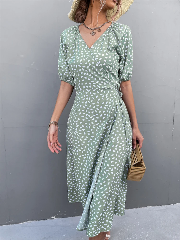 Casual Women Chiffon Dress V Neck Side Wrap Midi Dress Summer Polka Dot Dress Female Puff Sleeve Boho Fashion A-line Split Dress
Casual Women Chiffon Dress V Neck Side Wrap Midi Dress Summer Polka Dot Dress Female Puff Sleeve Boho Fashion A-line Split Dress