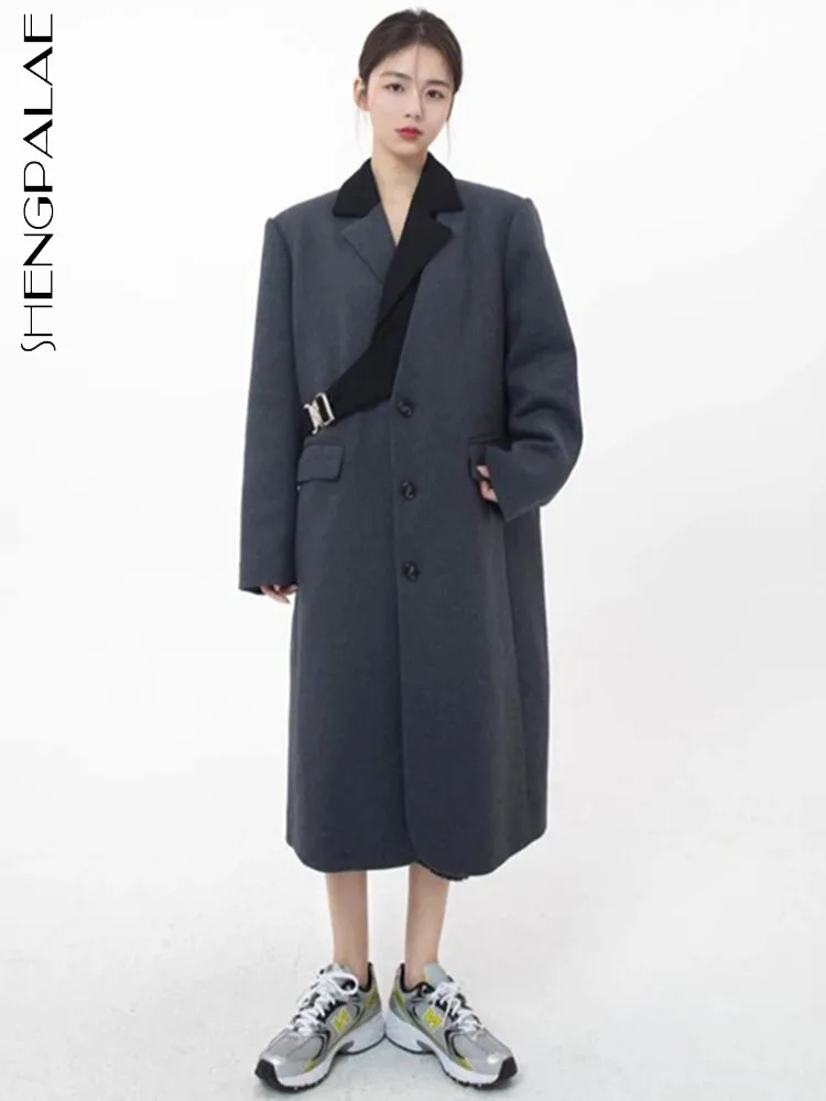 

SHENGPALAE Spliced Design Woolen Coat For Women Contrast Color Notched Collar Straight Blends Suit Jacket Winter 2023 New 5R8646