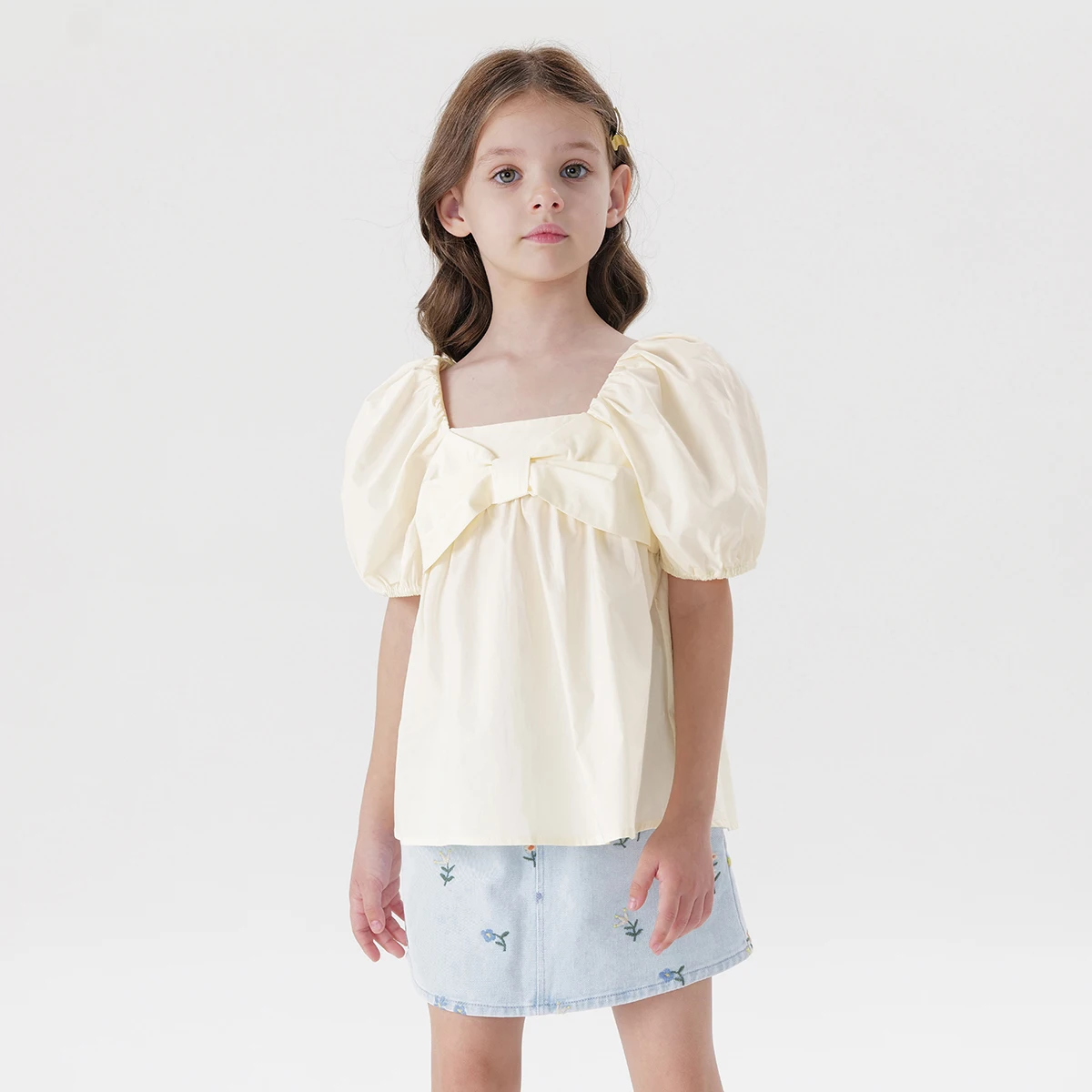 

MARC&JANIE Girls Bubble Sleeve Big Bow Shirt Kids Cotton Blouse Sweet Charm Cute Tops for Summer 240701