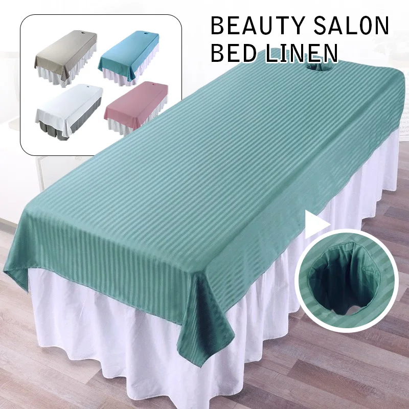 

1X Striped Reusable Beauty Massage Table Cover Spa Bed Salon Couch Sheet with Face Hole Polyester Cotton Anti-Wrinkle Sheet
