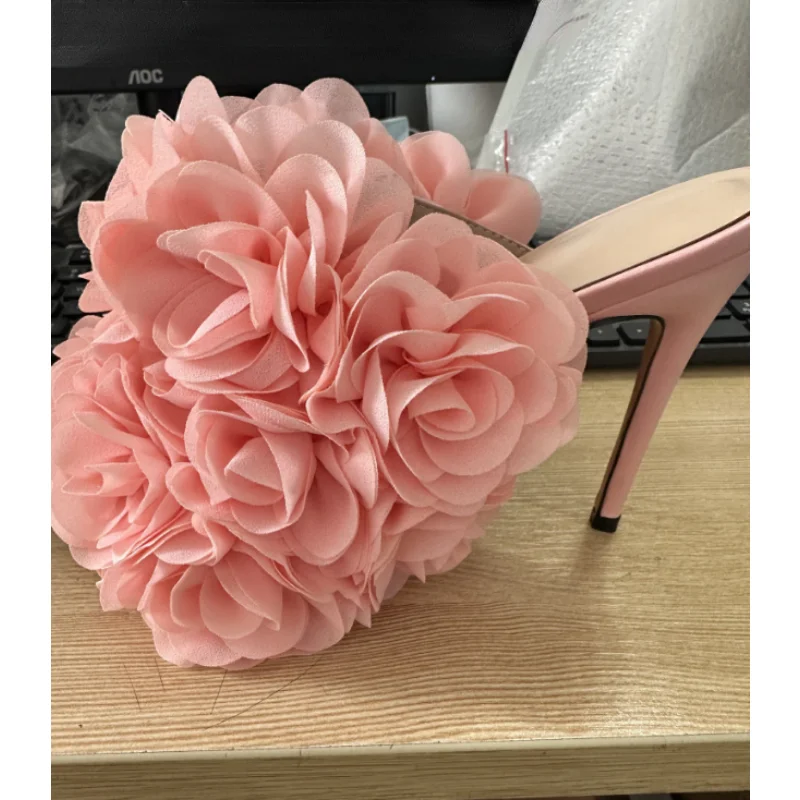 

2023European and American Sexy Rose High Heel Sandals Slippers Fashion Slim Heel Lace Flower Super High Heel Fish Mouth Slippers