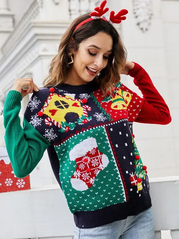 

Women's Ugly Christmas Sweater Funny Santa Claus Knit Sweater Snowflake Long Sleeve Pullover Sweater Shirt