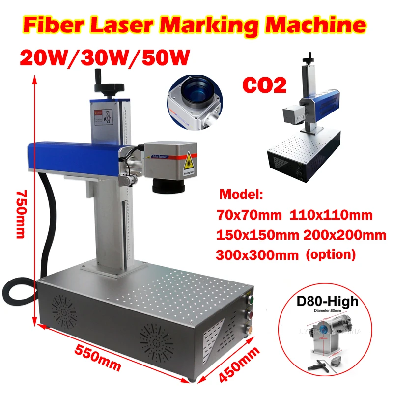 

Raycus Fiber Laser Nmeplate Marking Engraving Machine 20W 30W 50W Metal Engraver Air Cooling CO2-30W CO2-40W with Rotation axis